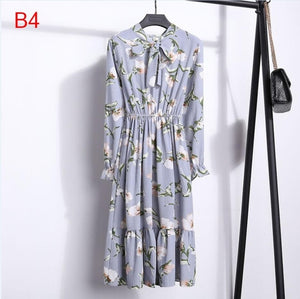 Plus Size 2020 Women Autumn Dresses Bohemian Long Sleeve Chiffon Shirt  Dress White Bow Floral Boho Club Party Dress Winter 3XL