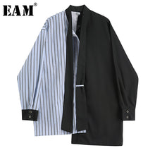 Load image into Gallery viewer, [EAM] Women Blue Striped Split Big Size Blouse New Bow Collar Long Sleeve Loose Fit Shirt Fashion Tide Spring Autumn 2020 1X739
