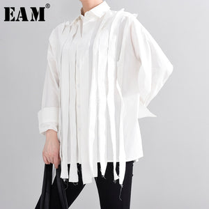 [EAM] Women Black Ribbon Burr Big Size Blouse New Lapel Long Sleeve Loose Fit Shirt Fashion Tide Spring Autumn 2020 1T70100