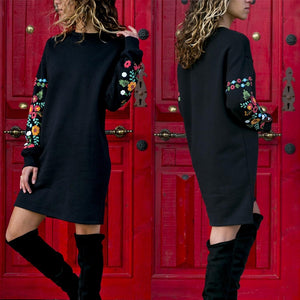 Dress Women Winter Mini Dress Classic Floral Printed Long Sleeve O-Neck Loose Warm Dress Black Streetwear Vestido 2020