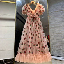 Load image into Gallery viewer, Women Sequin Strawberry Maxi Dress Summer Embroidery Mesh Lace Up High Waist Long Dress Original Quality
