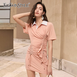 TWOTWINSTYLE Patchwork Ruched Women's Dress Lapel Collar Short Sleeve Drawstring Lace Up Elegant Dresses Female 2020 Summer New