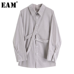 [EAM] Women Striped Split Irregular Leisure Blouse New Lapel Long Sleeve Loose Fit Shirt Fashion Tide Spring Autumn 2020 1X765