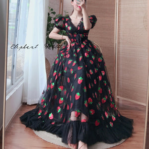 plus size Women Black Pink Strawberry Sequined Dress V Neck Sweet Elegant Evening Party Formal Dress Classy Maxi Dress