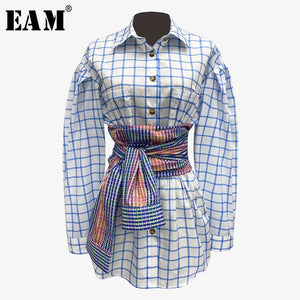 [EAM] Women Blue Plaid Split Joint Big Size Blouse New Lapel Long Sleeve Loose Fit Shirt Fashion Tide Spring Autumn 2020 1X792