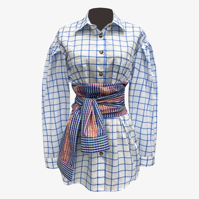 [EAM] Women Blue Plaid Split Joint Big Size Blouse New Lapel Long Sleeve Loose Fit Shirt Fashion Tide Spring Autumn 2020 1X792