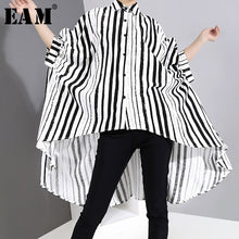 Load image into Gallery viewer, [EAM] Women Black Striped Irregular Big Size Blouse New Lapel Half Sleeve Loose Fit Shirt Fashion Tide Spring Summer 2020 1X922
