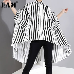 [EAM] Women Black Striped Irregular Big Size Blouse New Lapel Half Sleeve Loose Fit Shirt Fashion Tide Spring Summer 2020 1X922