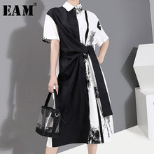 Load image into Gallery viewer, [EAM] Women Black Pattern Printed Knot Big Size Shirt Dress New Lapel Short Sleeve Loose Fit Fashion Spring Summer 2020 1Y136
