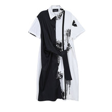 Load image into Gallery viewer, [EAM] Women Black Pattern Printed Knot Big Size Shirt Dress New Lapel Short Sleeve Loose Fit Fashion Spring Summer 2020 1Y136
