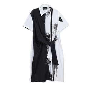 [EAM] Women Black Pattern Printed Knot Big Size Shirt Dress New Lapel Short Sleeve Loose Fit Fashion Spring Summer 2020 1Y136