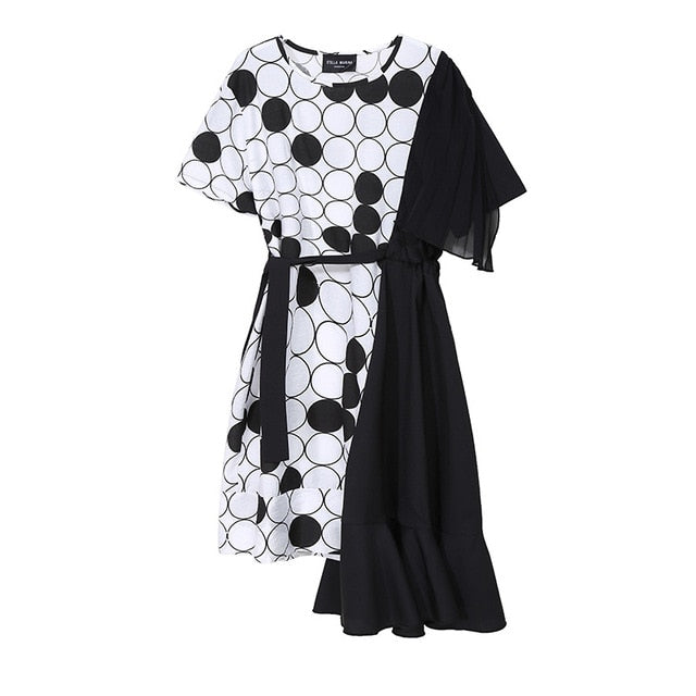 [EAM] Women Black Dot Printed Irregular Midi Dress New Round Neck Short Sleeve Loose Fit Fashion Tide Spring Summer 2020 1Y138