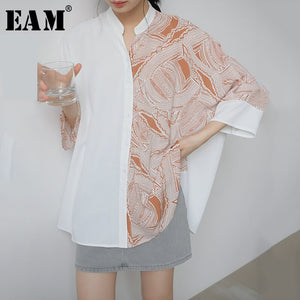 [EAM] Women Pattern Printed Big Size Blouse New Stand Collar Three-quarter Sleeve Loose Shirt Fashion Spring Summer 2020 1Y622