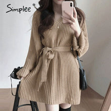 Load image into Gallery viewer, Simplee Casual v-ncck women knitted dress Autumn winter long sleeve lace up mini dress Solid color straight female sweater dress
