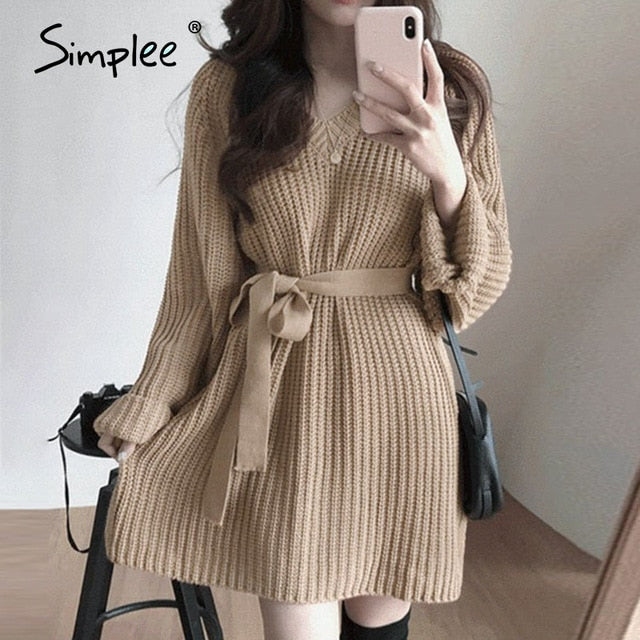 Simplee Casual v-ncck women knitted dress Autumn winter long sleeve lace up mini dress Solid color straight female sweater dress