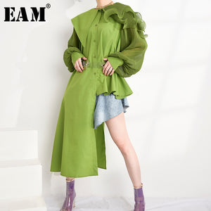 [EAM] Women Green Pleated Irregular Long Blouse New Lapel Long Sleeve Loose Fit Shirt Fashion Tide Spring Autumn 2020 1U85606S