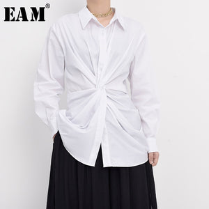 [EAM] Women White Pleated Split Temperament Blouse New Lapel Long Sleeve Loose Fit Shirt Fashion Tide Spring Summer 2020 1C06900