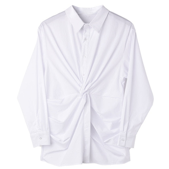 [EAM] Women White Pleated Split Temperament Blouse New Lapel Long Sleeve Loose Fit Shirt Fashion Tide Spring Summer 2020 1C06900