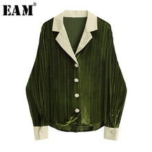 Load image into Gallery viewer, [EAM] Women Green Velvet Split Temperament Blouse New Lapel Long Sleeve Loose Fit Shirt Fashion Tide Spring Autumn 2020 1X741
