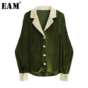 [EAM] Women Green Velvet Split Temperament Blouse New Lapel Long Sleeve Loose Fit Shirt Fashion Tide Spring Autumn 2020 1X741