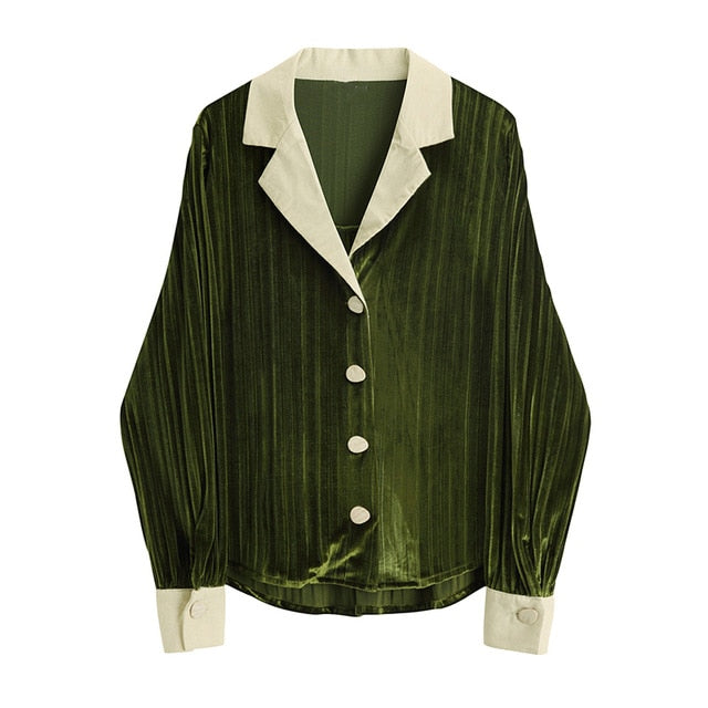 [EAM] Women Green Velvet Split Temperament Blouse New Lapel Long Sleeve Loose Fit Shirt Fashion Tide Spring Autumn 2020 1X741