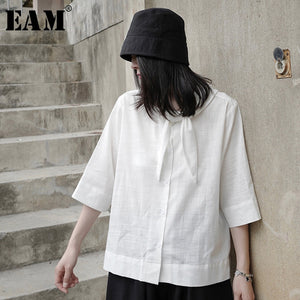 [EAM] Women White Bandage Bow Big Size Blouse New Lapel Three-quarter Sleeve Loose Fit Shirt Fashion Spring Summer 2020 1W721