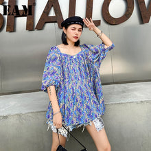 Load image into Gallery viewer, [EAM] Women Blue Pleated Big Size Blouse New Squaer Collar Half Puff Sleeve Loose Fit Shirt Fashion Spring Summer 2020 1Y108
