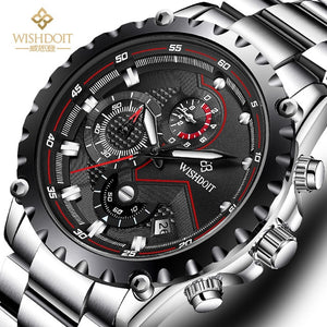 WISHDOIT Men's Watch Top Brand Stainless Steel Waterproof Luminous Quartz Watch Men's Fashion Chronograph Men's Sports Watch