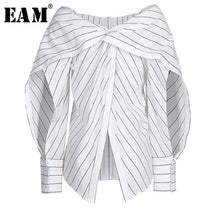 Load image into Gallery viewer, [EAM] Women White Striped Split Big Size Blouse New V-collar Long Sleeve Loose Fit Shirt Fashion Tide Spring Summer 2020 1Y701
