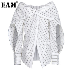 [EAM] Women White Striped Split Big Size Blouse New V-collar Long Sleeve Loose Fit Shirt Fashion Tide Spring Summer 2020 1Y701