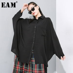 [EAM] Women Black Irregular Split Joint Big Size Blouse New Lapel Long Sleeve Loose Fit Shirt Fashion Spring Summer 2020 1X951