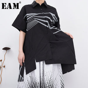 [EAM] Women Pattern Printed Irregular Big Size Blouse New Lapel Short Sleeve Loose Shirt Fashion Spring Summer 2020 1W93901