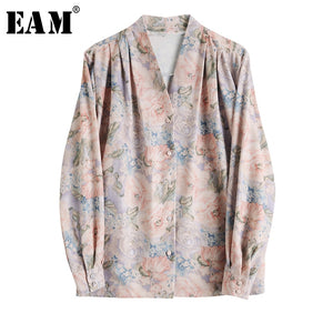 [EAM] Women Pattern Printed Temperament Blouse New V-collar Long Sleeve Loose Fit Shirt Fashion Tide Spring Summer 2020 1X772