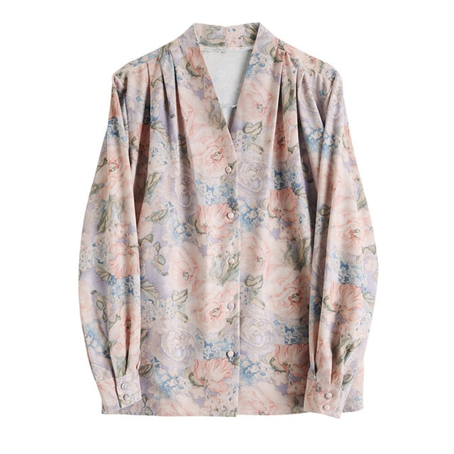 [EAM] Women Pattern Printed Temperament Blouse New V-collar Long Sleeve Loose Fit Shirt Fashion Tide Spring Summer 2020 1X772