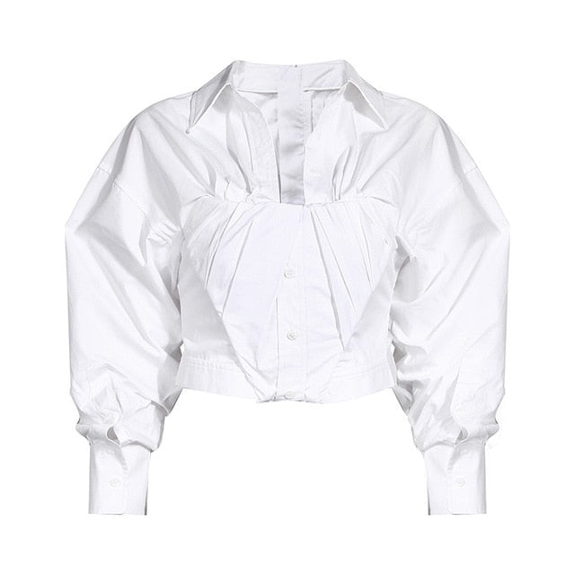 [EAM] Women White Pleated Split Joint Short Blouse New Lapel Long Sleeve Loose Fit Shirt Fashion Tide Spring Autumn 2020 1Y334