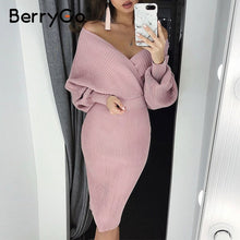 Load image into Gallery viewer, BerryGo Sexy v-neck women knitted skirt suits Autumn winter long sleeve two piece dress Elegant party female sweater dress blue
