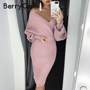 BerryGo Sexy v-neck women knitted skirt suits Autumn winter long sleeve two piece dress Elegant party female sweater dress blue