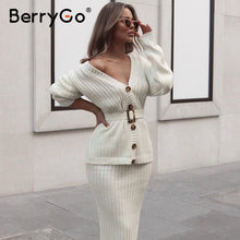 Load image into Gallery viewer, BerryGo Sexy v-neck women knitted skirt suits Autumn winter long sleeve two piece dress Elegant party female sweater dress blue
