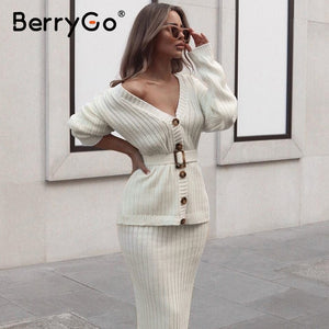 BerryGo Sexy v-neck women knitted skirt suits Autumn winter long sleeve two piece dress Elegant party female sweater dress blue