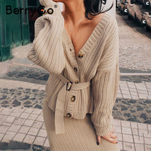 Load image into Gallery viewer, BerryGo Sexy v-neck women knitted skirt suits Autumn winter long sleeve two piece dress Elegant party female sweater dress blue
