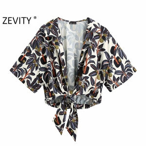 Zevity women vintage tropical leaves print casual smock chic blouse ladies hem knotted kimono roupas femininas shirt tops LS6991