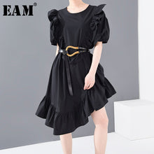 Load image into Gallery viewer, [EAM] Women Black Ruffles Irregular Temperament Dress New Round Neck Short Sleeve Loose Fit Fashion Spring Summer 2020 1U38701
