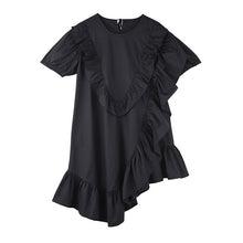 Load image into Gallery viewer, [EAM] Women Black Ruffles Irregular Temperament Dress New Round Neck Short Sleeve Loose Fit Fashion Spring Summer 2020 1U38701
