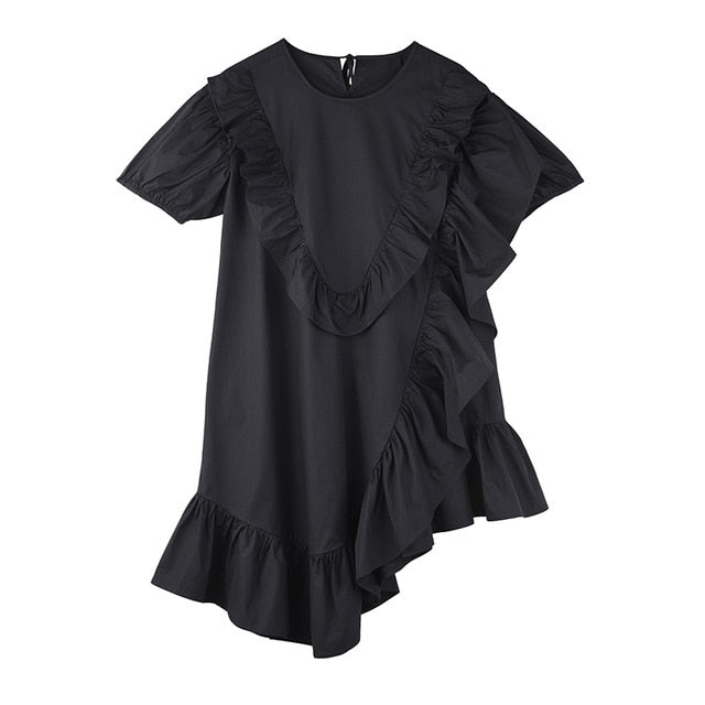 [EAM] Women Black Ruffles Irregular Temperament Dress New Round Neck Short Sleeve Loose Fit Fashion Spring Summer 2020 1U38701