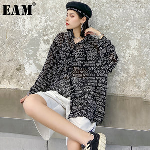 [EAM] Women Black Letter Printed Big Size Blouse New Lapel Long Sleeve Loose Fit Shirt Fashion Tide Spring Summer 2020 1Y422