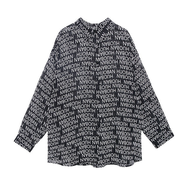 [EAM] Women Black Letter Printed Big Size Blouse New Lapel Long Sleeve Loose Fit Shirt Fashion Tide Spring Summer 2020 1Y422