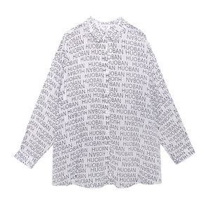 [EAM] Women Black Letter Printed Big Size Blouse New Lapel Long Sleeve Loose Fit Shirt Fashion Tide Spring Summer 2020 1Y422