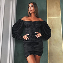 Load image into Gallery viewer, RICORIT Women Sexy Bodycon Dress Pure V Neck Off Shoulder Lantern Sleeve Dress Party Night Elegant Midi Dress Mujer Black Dress
