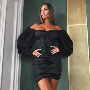 RICORIT Women Sexy Bodycon Dress Pure V Neck Off Shoulder Lantern Sleeve Dress Party Night Elegant Midi Dress Mujer Black Dress