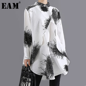 [EAM] Women White Pattern Printed Big Size Blouse New Lapel Long Sleeve Loose Fit Shirt Fashion Tide Spring Summer 2020 1Y745